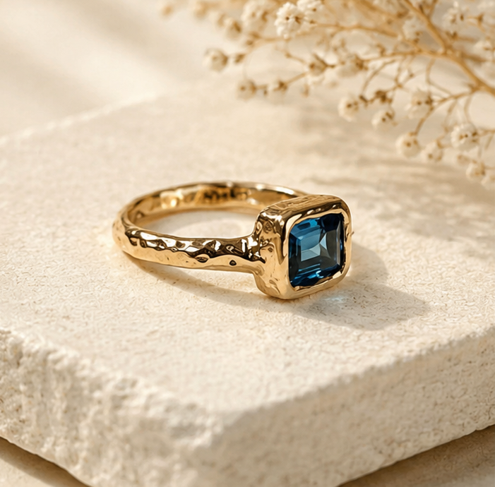 Handcrafted gold ring featuring a deep blue gemstone on a natural stone display by Marilea Jewelry.